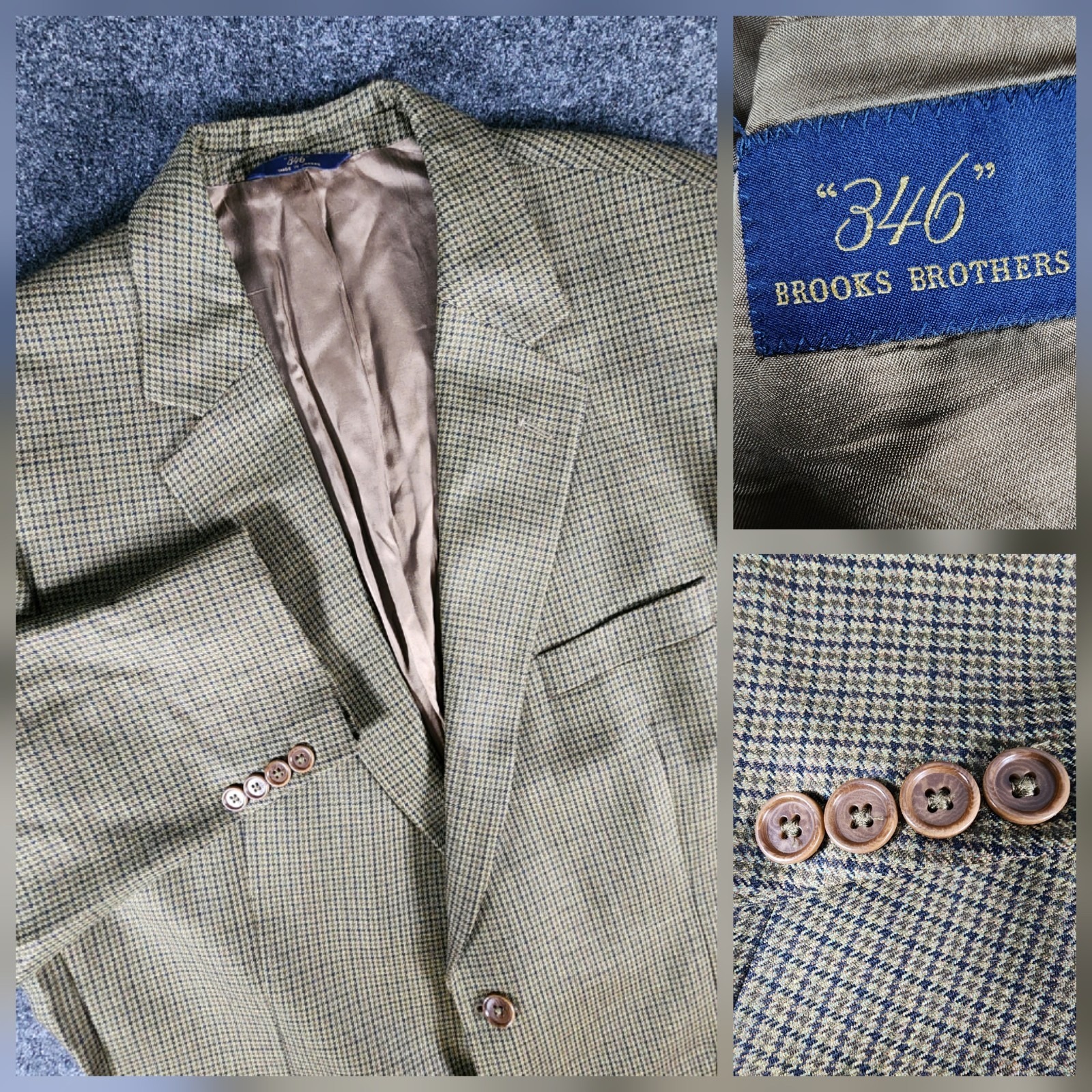 Brooks Brothers 346 Blazer Men 46l Brown Black Houndstooth 100% Wool Sport Coat